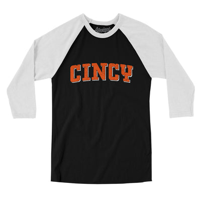 Cincy Varsity Men/Unisex Raglan 3/4 Sleeve T-Shirt-Black|White-Allegiant Goods Co. Vintage Sports Apparel