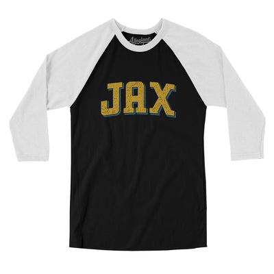 Jax Varsity Men/Unisex Raglan 3/4 Sleeve T-Shirt-Black|White-Allegiant Goods Co. Vintage Sports Apparel