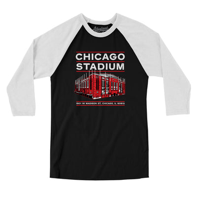 Chicago Stadium Men/Unisex Raglan 3/4 Sleeve T-Shirt-Black|White-Allegiant Goods Co. Vintage Sports Apparel