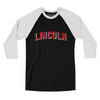 Lincoln Varsity Men/Unisex Raglan 3/4 Sleeve T-Shirt-Black|White-Allegiant Goods Co. Vintage Sports Apparel
