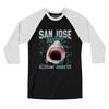 San Jose Hockey Throwback Mascot Men/Unisex Raglan 3/4 Sleeve T-Shirt-Black|White-Allegiant Goods Co. Vintage Sports Apparel
