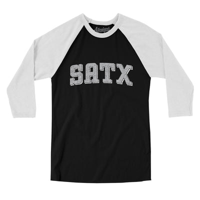 Satx Varsity Men/Unisex Raglan 3/4 Sleeve T-Shirt-Black|White-Allegiant Goods Co. Vintage Sports Apparel