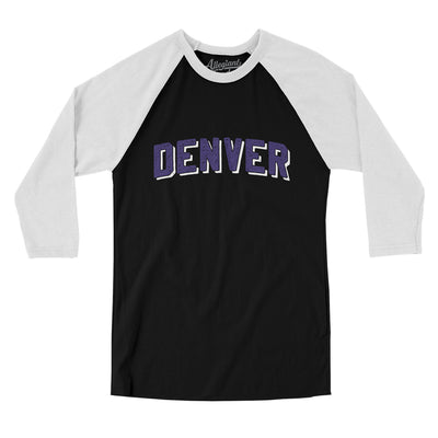 Denver Varsity Men/Unisex Raglan 3/4 Sleeve T-Shirt-Black|White-Allegiant Goods Co. Vintage Sports Apparel