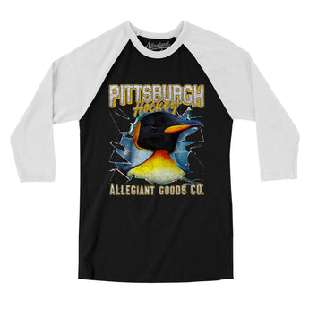 Pittsburgh Hockey Throwback Mascot Men/Unisex Raglan 3/4 Sleeve T-Shirt-Allegiant Goods Co. Vintage Sports Apparel