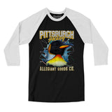 Pittsburgh Hockey Throwback Mascot Men/Unisex Raglan 3/4 Sleeve T-Shirt-Black|White-Allegiant Goods Co. Vintage Sports Apparel
