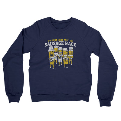 I’m Just Here For The Sausage Race Midweight French Terry Crewneck Sweatshirt-Navy-Allegiant Goods Co. Vintage Sports Apparel