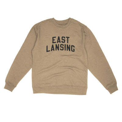 East Lansing Michigan Varsity Midweight Crewneck Sweatshirt-Sandstone-Allegiant Goods Co. Vintage Sports Apparel