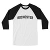 Rochester Varsity Men/Unisex Raglan 3/4 Sleeve T-Shirt-White|Black-Allegiant Goods Co. Vintage Sports Apparel