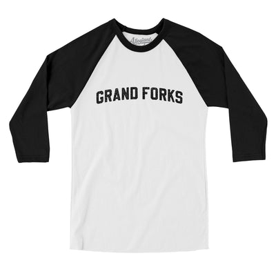 Grand Forks North Dakota Varsity Men/Unisex Raglan 3/4 Sleeve T-Shirt-White|Black-Allegiant Goods Co. Vintage Sports Apparel