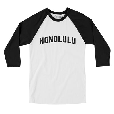 Honolulu Varsity Men/Unisex Raglan 3/4 Sleeve T-Shirt-White|Black-Allegiant Goods Co. Vintage Sports Apparel