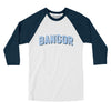 Bangor Maine Varsity Men/Unisex Raglan 3/4 Sleeve T-Shirt-White|Navy-Allegiant Goods Co. Vintage Sports Apparel
