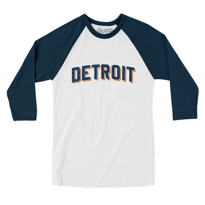 Detroit Varsity Men/Unisex Raglan 3/4 Sleeve T-Shirt-White|Navy-Allegiant Goods Co. Vintage Sports Apparel