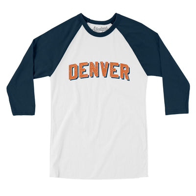 Denver Varsity Men/Unisex Raglan 3/4 Sleeve T-Shirt-White|Navy-Allegiant Goods Co. Vintage Sports Apparel