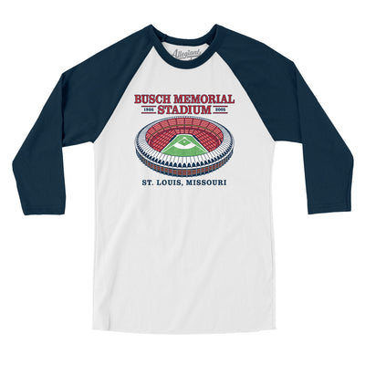 Busch Memorial Stadium Men/Unisex Raglan 3/4 Sleeve T-Shirt-White|Navy-Allegiant Goods Co. Vintage Sports Apparel