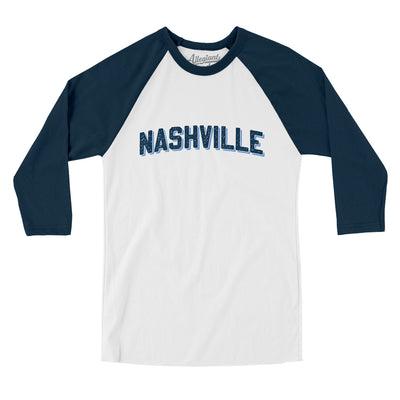 Nashville Varsity Men/Unisex Raglan 3/4 Sleeve T-Shirt-White|Navy-Allegiant Goods Co. Vintage Sports Apparel