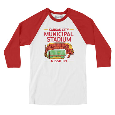 Kansas City Municipal Stadium Men/Unisex Raglan 3/4 Sleeve T-Shirt-Allegiant Goods Co. Vintage Sports Apparel