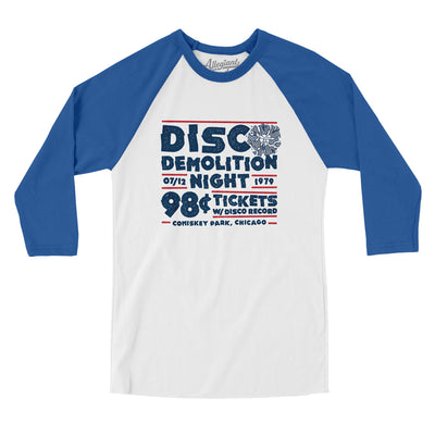 Disco Demolition Night Men/Unisex Raglan 3/4 Sleeve T-Shirt-White|True Royal-Allegiant Goods Co. Vintage Sports Apparel