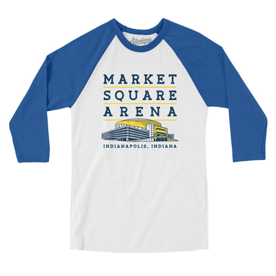 Market Square Arena Indianapolis Men/Unisex Raglan 3/4 Sleeve T-Shirt-White|True Royal-Allegiant Goods Co. Vintage Sports Apparel